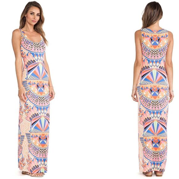 NWT Mara Hoffman Long Maxi Dress Boho Aztec Feather Sexy Jersey Bodycon Fitted - Picture 2 of 5